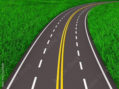 asphalted road on grass. Isolated 3D image