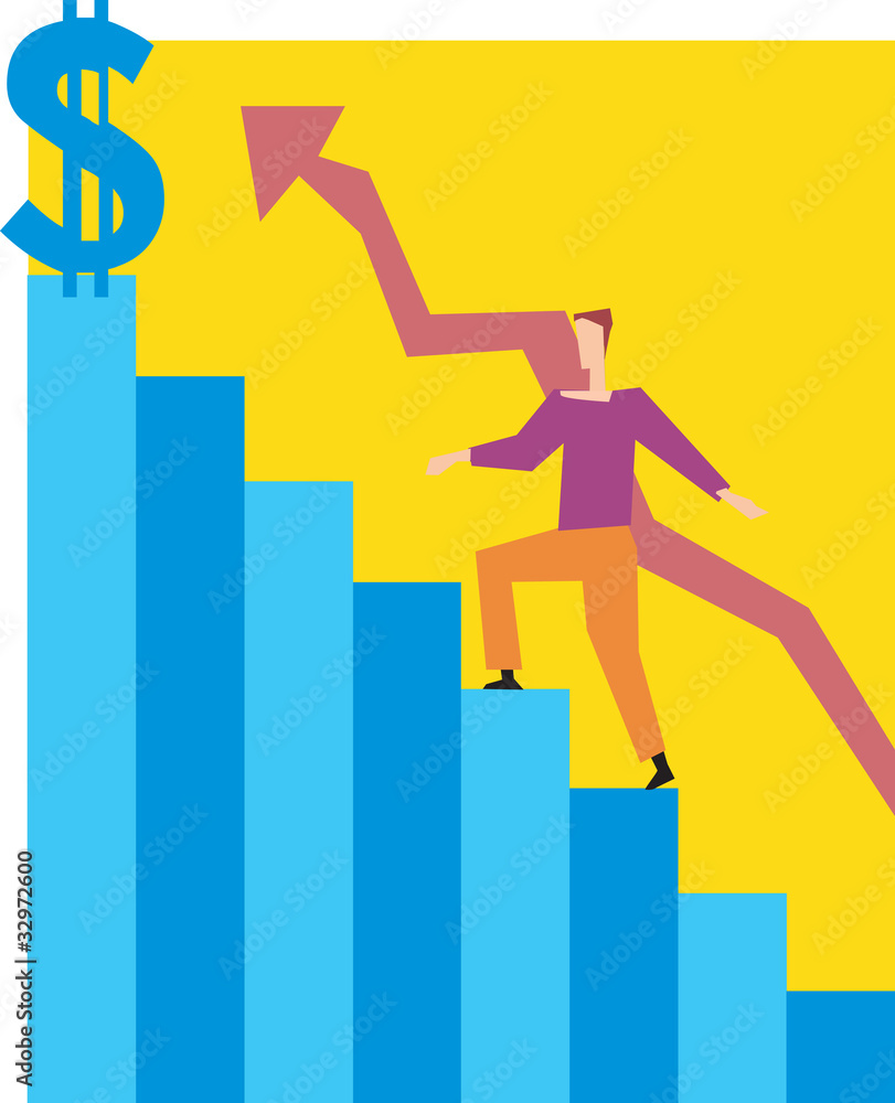 Side view of a man climbing on graph line stairs Side view of a man climbing on graph line stairs