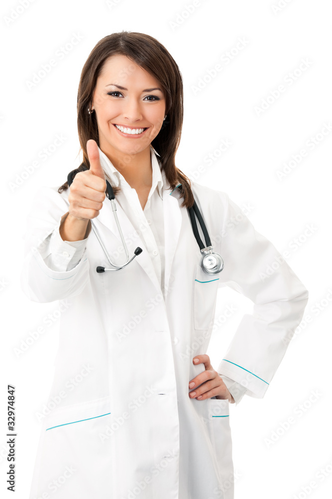 Happy smiling female doctor with thumbs up gesture, isolated Happy smiling female doctor with thumbs up gesture, isolated
