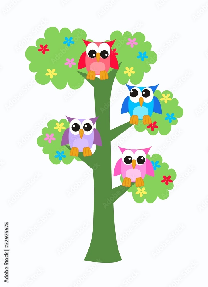 Naklejka premium four colorful owls sitting in a tree