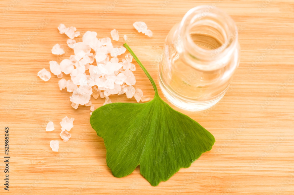 fresh leaves ginko biloba essential oil and sea salt fresh leaves ginko biloba essential oil and sea salt