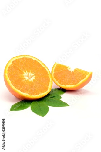 2 pieces of freshly cut orange on a white background