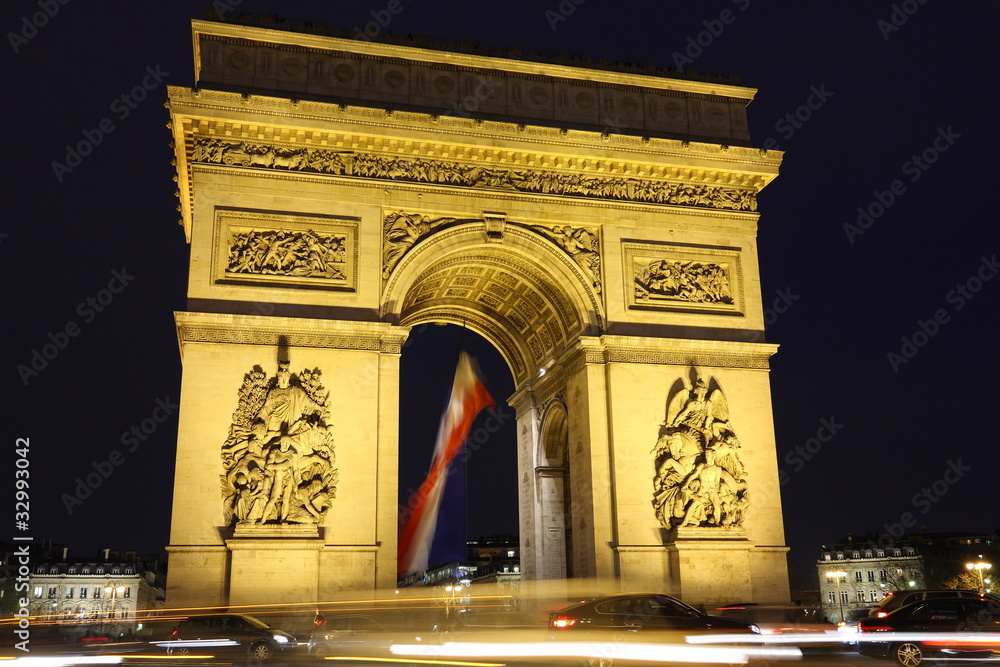 Arc in Paris Arc de triumph, night view with car lights trail