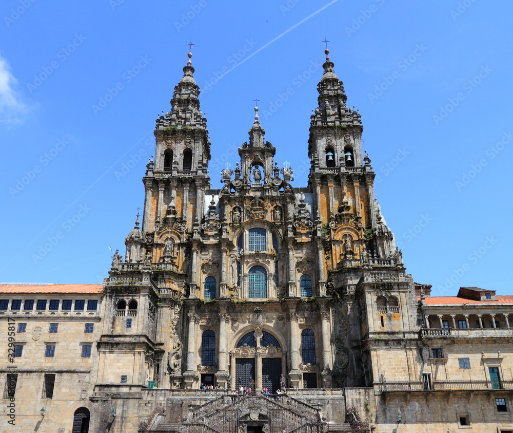 Cathedral of Santiago de Compostela facade with blue sky