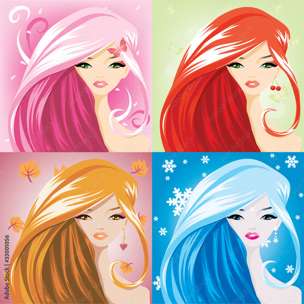 Spring, summer, autumn and winter fairy portraits. Spring, summer, autumn and winter fairy portraits.