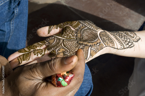 fresh henna application on palm, Jaipur,India