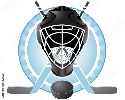 Emblem with goaltender helmet, hockey sticks and puck