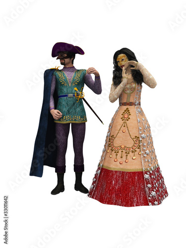 Rendered imaged of couple in Venetian masks and period costume