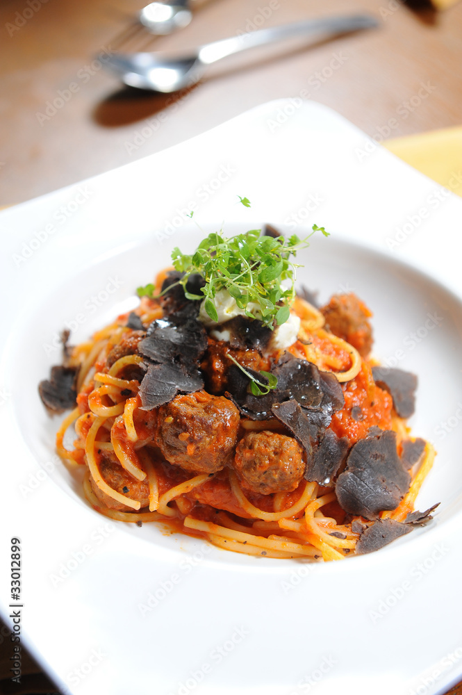 tasty pasta and meat-balls with vegetables and truffle tasty pasta and meat-balls with vegetables and truffle