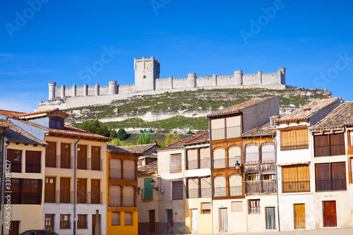 Medieval houses in Peñafiel, with the castle as background