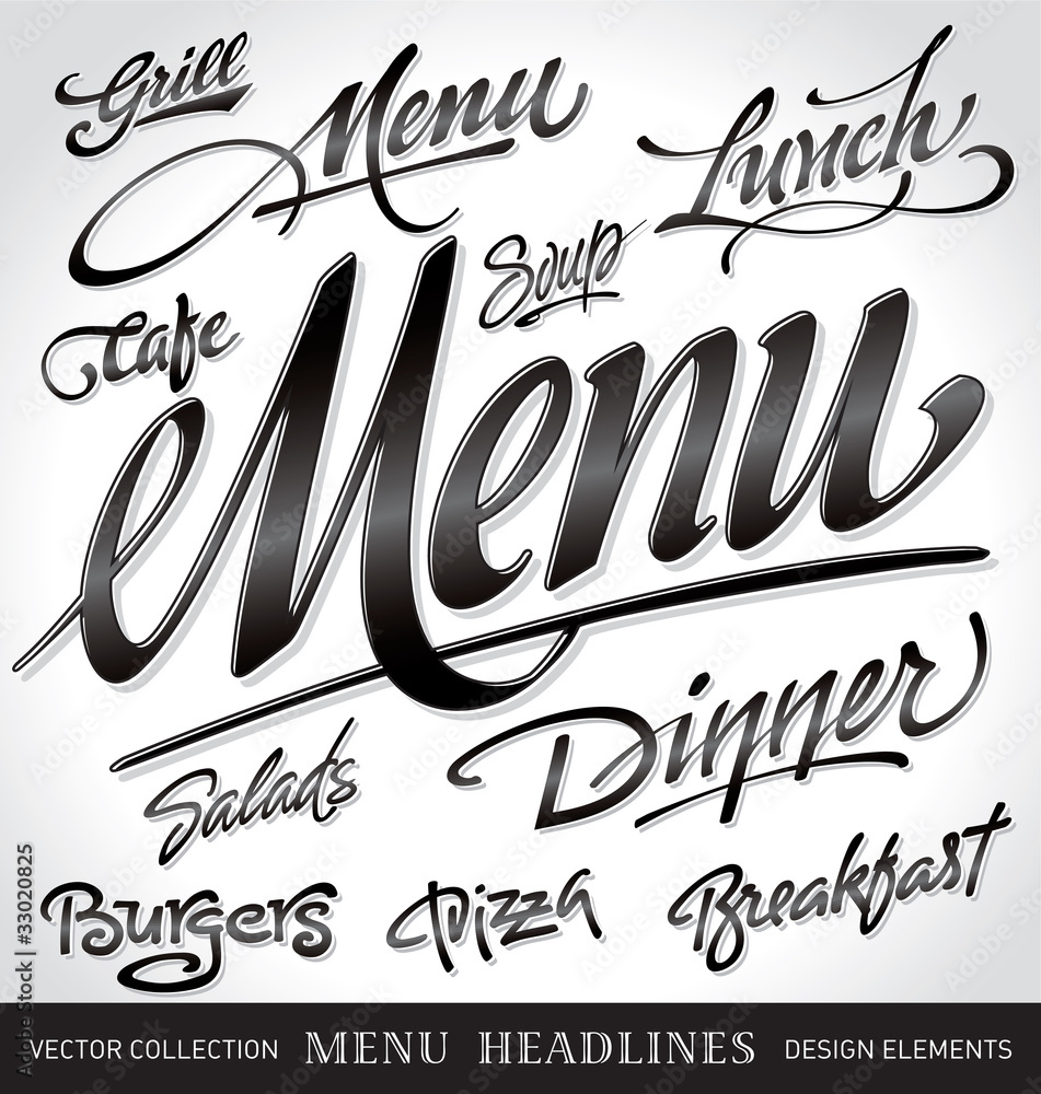 menu headlines, hand lettering set (vector) - obrazy, fototapety, plakaty 