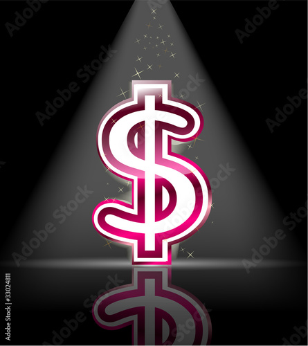 pink glossy dollar sign with spot light and little star