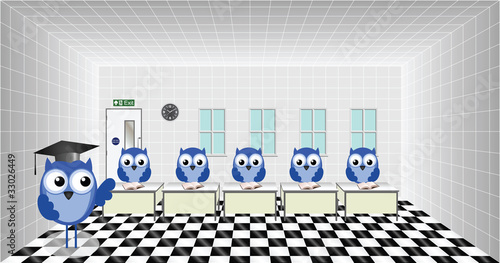 Owl teacher and owl pupils in classroom