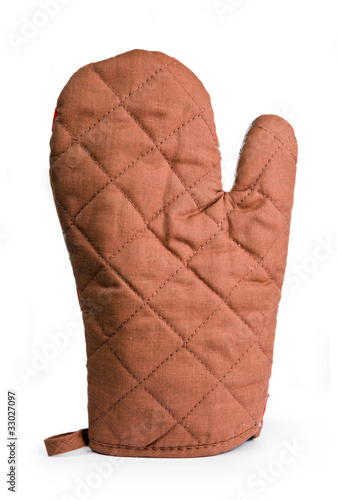 Quilted brown heat protective mitten isolated over white