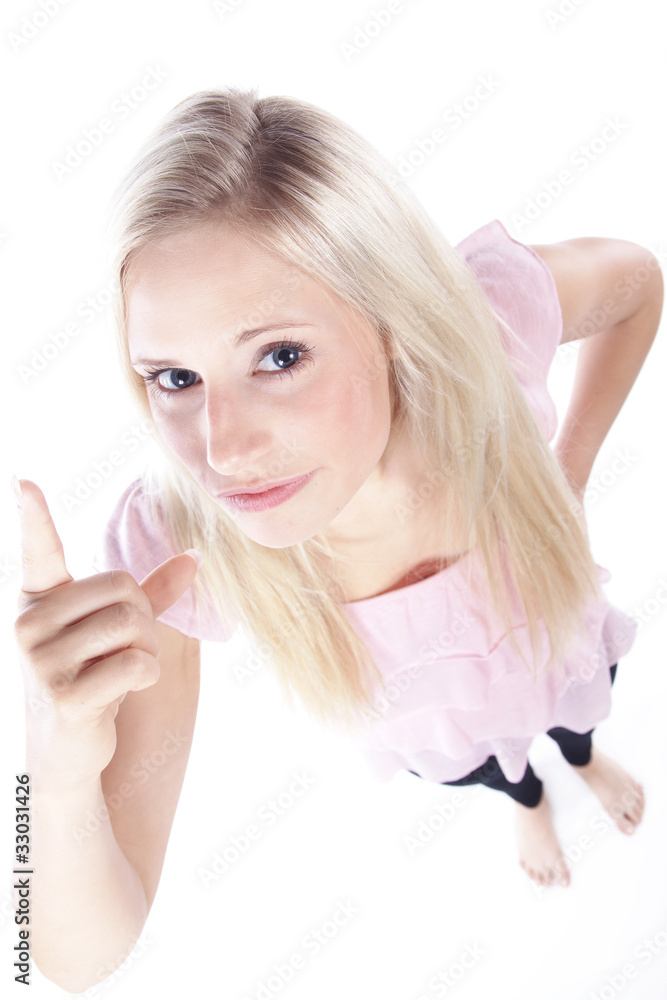 Model Frau schimpft mit Zeigefinger Porträt Model Frau schimpft mit Zeigefinger Porträt