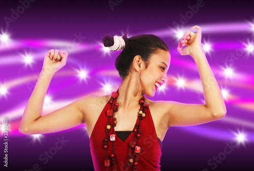 Young woman Dancing with Abstract Purple and Stars Background