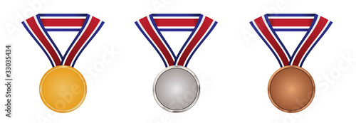 Gold, silver and bronze medals with neck ribbon