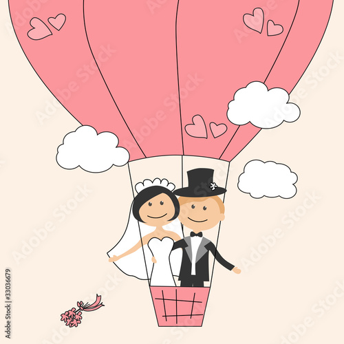 Wedding invitation with funny bride and groom on air balloon