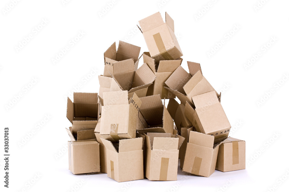 Fototapeta premium Pile of open cardboard boxes on white background