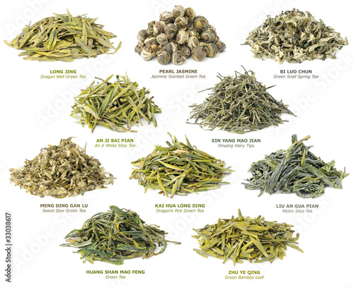 Isolated tea collection. Piles of 10 famous Chinese green teas isolated on white background