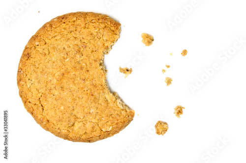 Cookie with crumbs overhead view