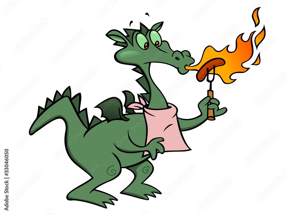 Fototapeta premium dragon breathing fire on a sausage