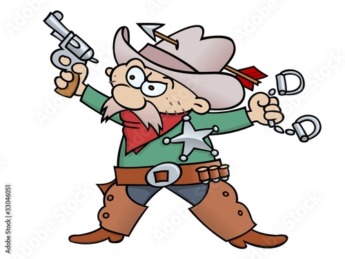 Sheriff with handcuffs, revolver, tin star, and a cowboy hat