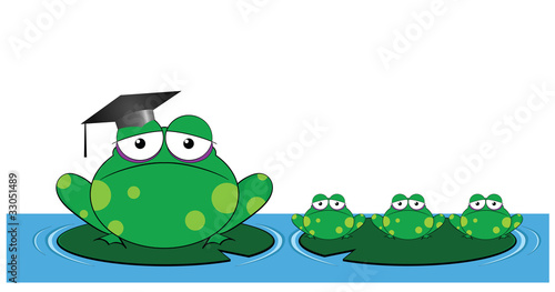 Frog teacher and pupils sat on Lilly pads