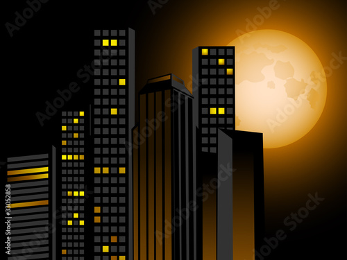 night city skyline and full moon