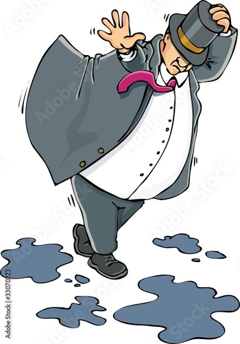 Cartoon of a fat man caught in the wind