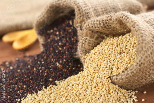 Принти на полотні Raw red and white quinoa grains in jute sack on wood