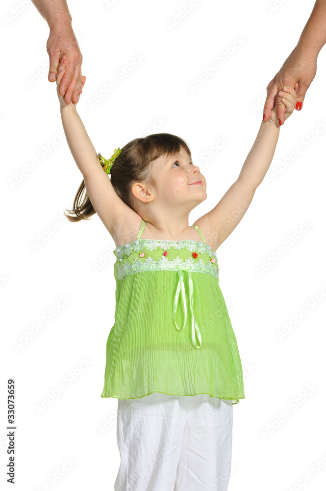 Happy pretty the little girl keeps for hands of parents Happy pretty the little girl keeps for hands of parents