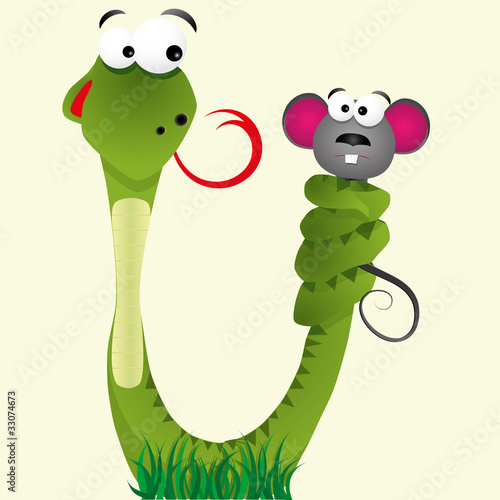Hungry snake keeps mouse with tail, vector illustration