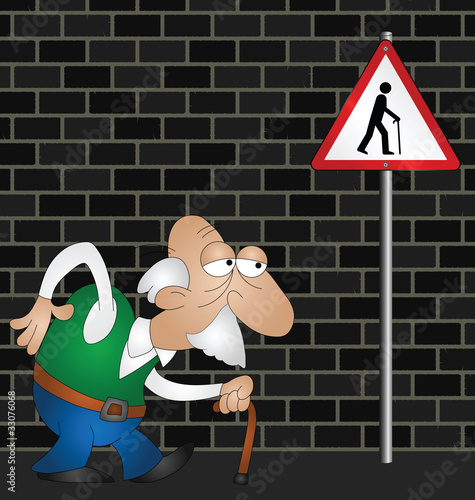 Old man with walking stick with wall background