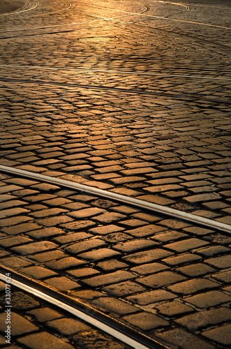 Sunset Paved Street with railroad, Europe