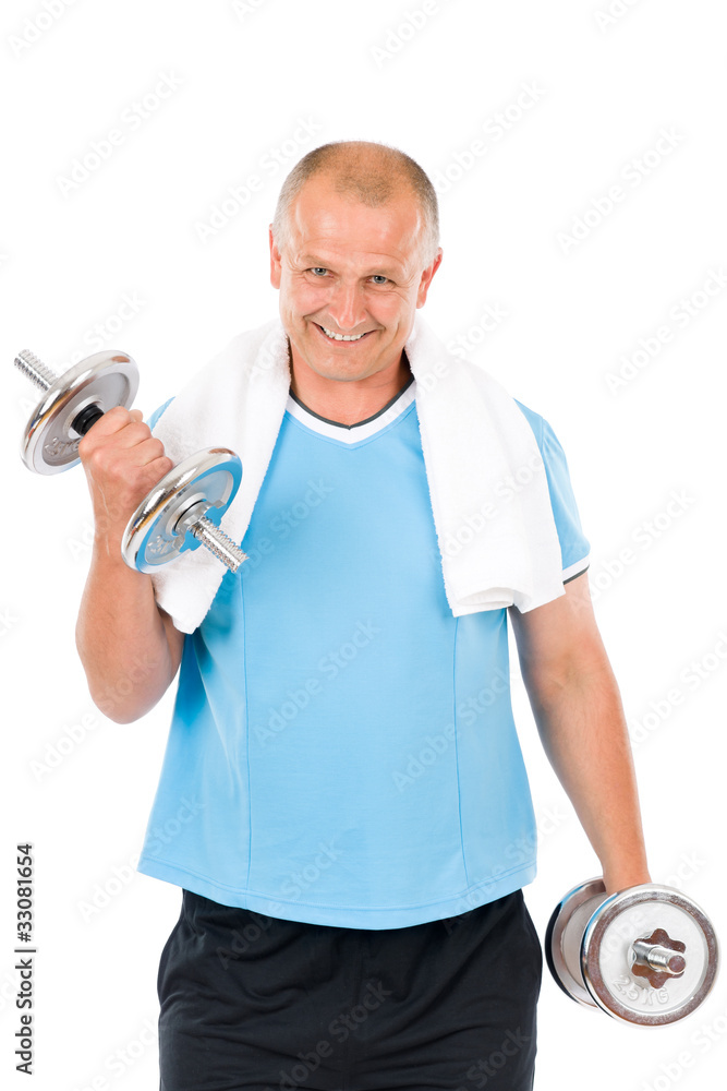 Happy mature man working out with dumbbells Happy mature man working out with dumbbells