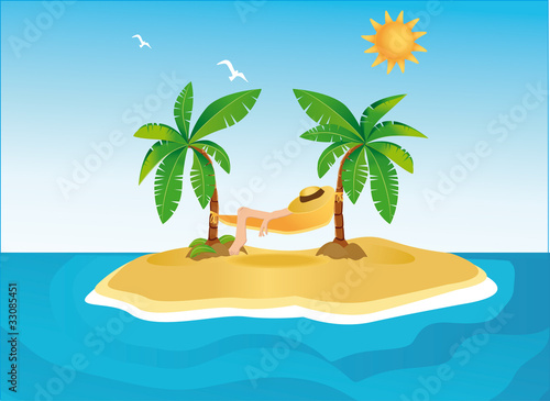 Sunny island with palms and hammock