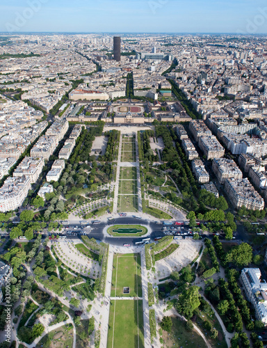 Aerial view on Champ de Mars from the Eiffel tower, Paris