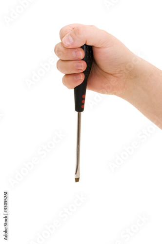 Hand holding screwdriver isolated over white