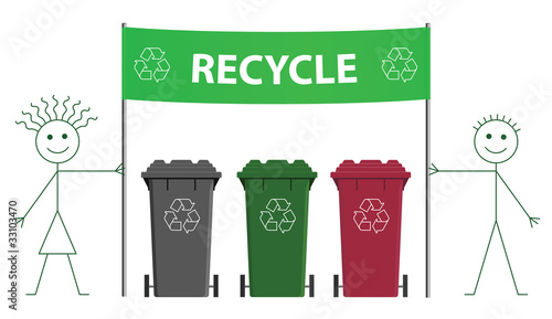 Stick man and woman holding green recycling banner