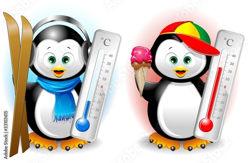 Pinguino Cartoon Estate Inverno-Penguin Summer and Winter-Vector