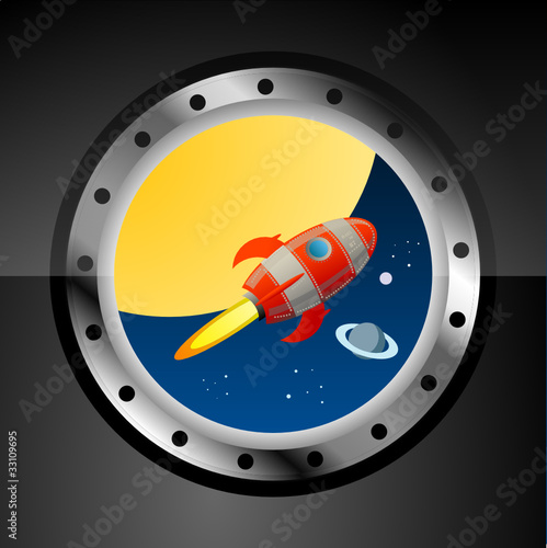 Rocket in space view from illuminator, vector illustration
