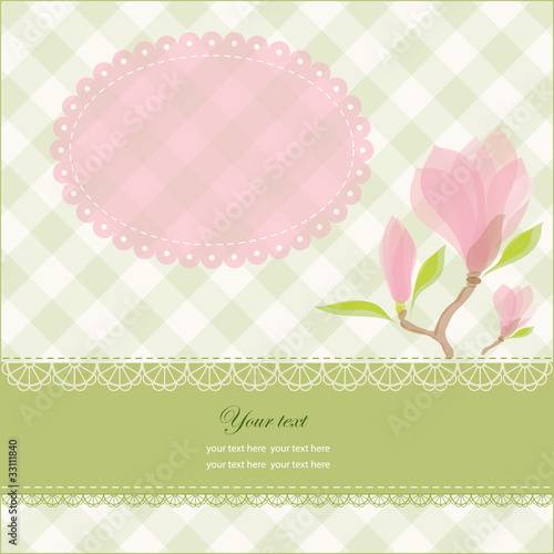 Greeting card with copy space and pink magnolia flowers