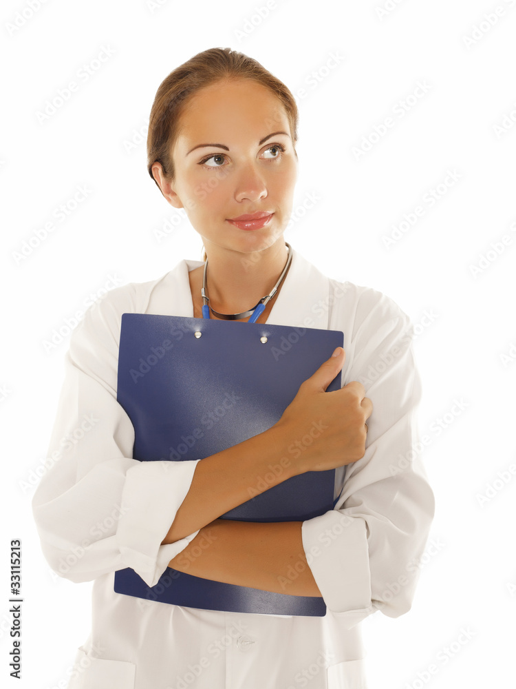 female doctor holding a clipboard against white background. female doctor holding a clipboard against white background.