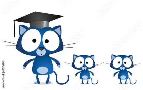Cat teacher and pupils isolated on white background