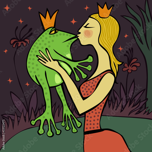 Blonde princess kissing the frog at night