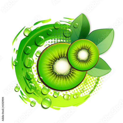 Kiwi slices with abstract background over white background