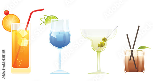 Tequila Sunrise, Blue Lagoon, Martini and El Diablo cocktails