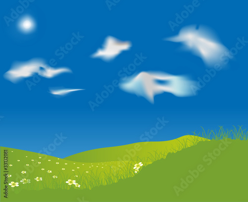 green hills and white flowers illustration