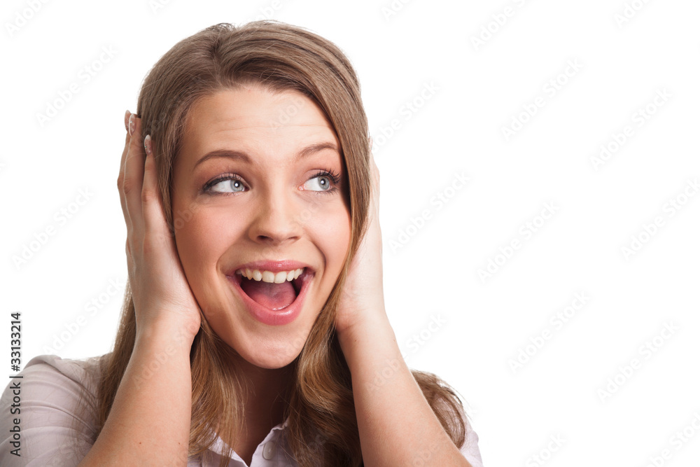 Surprised excited woman screaming amazed in joy. Beautiful young Surprised excited woman screaming amazed in joy. Beautiful young